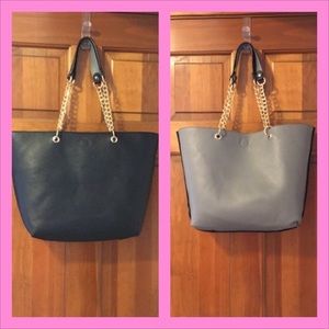 NWOT REVERSIBLE Tote Bag Purse Pebble Vegan Leather Chain Straps Black / Grey